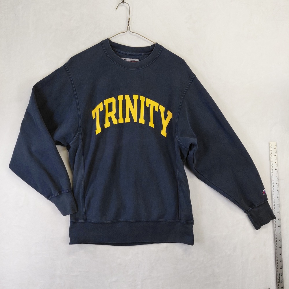 Champion Reverse Weave Trinity Sweatshirt Navy Blue Yellow Small Mens Pullover